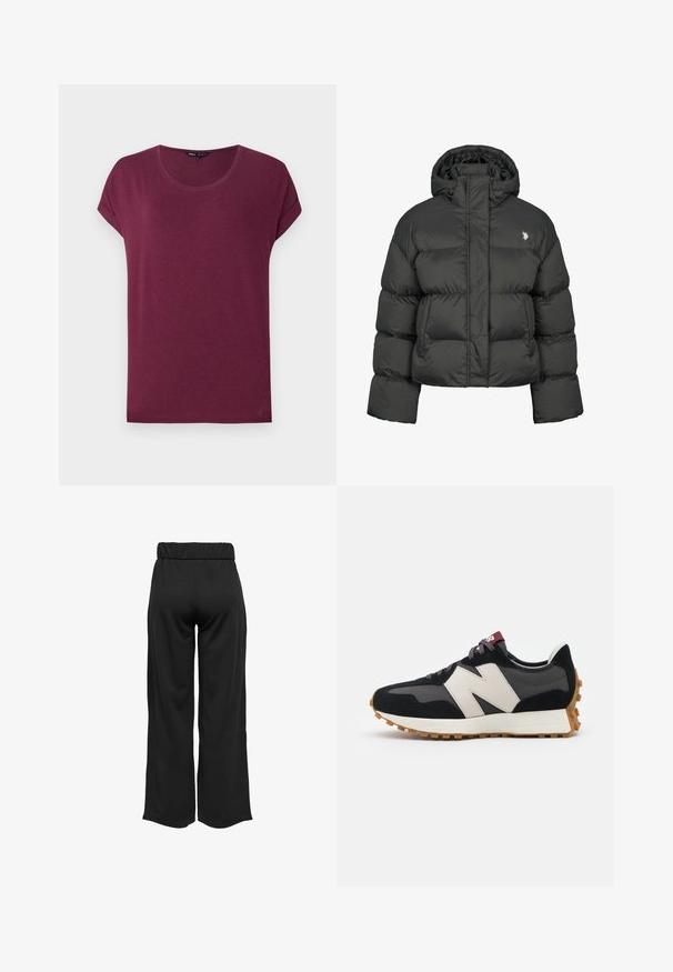 Černá péřová bunda s kratším střihem, vysokým límcem a žebrovanými manžetami. Obsahuje malé logo na levé straně. Hladká textura.; Burgundské tričko s krátkým rukávem a zaobleným výstřihem, vyrobené z měkké látky, s ohrnutými manžetami a rovnými lemy.; Černé široké kalhoty s elastickým pasem, vyrobené z hladkého materiálu. Disponují čistým designem bez kapes nebo viditelných švů.; Černé a šedé semišové tenisky s velkým krémovým logem "N", fialovými tkaničkami a strukturovanou gumovou podrážkou.