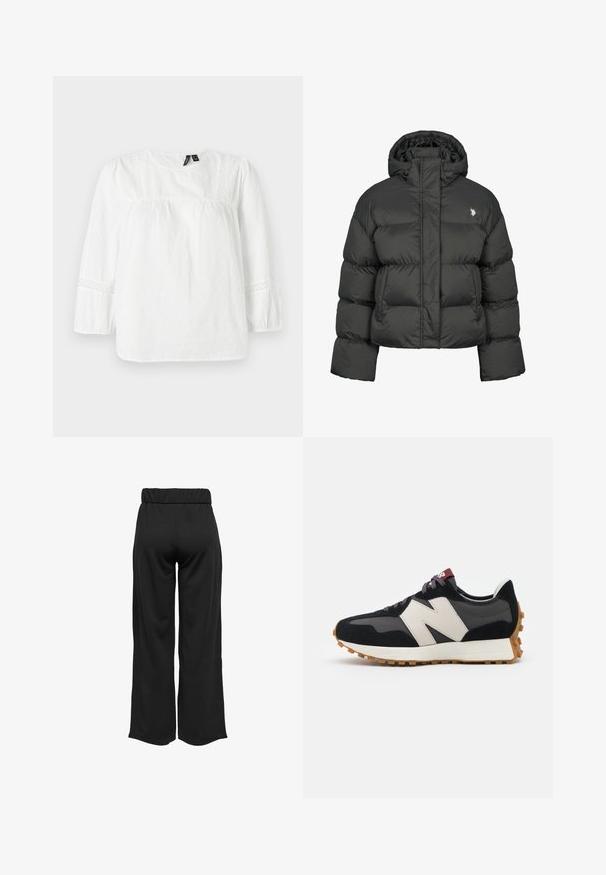 Schwarze Pufferjacke mit cropped Design, hochgeschlossenem Kragen und gerippten Bündchen. Mit kleinem Logo auf der linken Seite. Glatte Textur.; Weiße Langarmbluse aus strukturiertem Baumwollstoff mit Puffärmeln, Spitzenakzenten an den Schultern und Ärmeln sowie einem runden Halsausschnitt.; Schwarze, weit geschnittene Hose mit elastischem Bund, aus glattem Stoff gefertigt. Hat ein cleanes Design ohne Taschen oder sichtbare Nähte.; Schwarze und graue Wildledersneaker mit einem großen cremefarbenen "N"-Logo, lila Schnürsenkeln und einer strukturierten Gummisohle.
