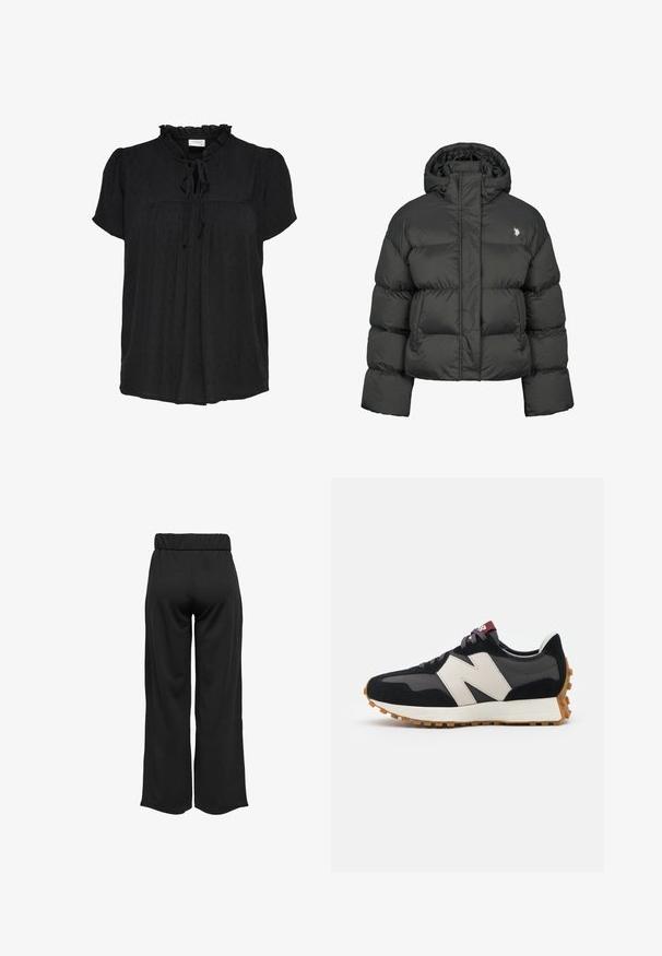 Svart puffjakke med en cropped design, med høy krage og ribbestrikkede mansjetter. Inkluderer en liten logo på venstre side. Sl smooth tekstur.; Svart bluse med korte ermer, rynket utringning og knyting. Har et teksturert prikkemønster og plisserte detaljer foran. Myk stoff.; Svarte, vide bukser med elastisk midje, laget av glatt stoff. Har et rent design uten lommer eller synlige sømmer.; Sorte og grå sued sneakers med et stort cremefarvet "N" logo, lilla snørebånd og en tekstureret gummisål.