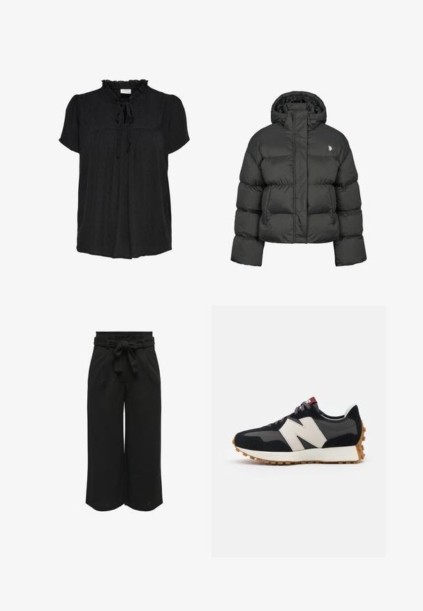 Musta toppatakki, jonka leikkaus on lyhyt ja siinä on korkea kaulus sekä ribbaus hihansuissa. Vasemmalla puolella pieni logo. Sileä pinta.; Musta lyhythihainen paita, jossa on röyhelökaulus ja solmuspisto. Sisältää teksturoidun pistekuvion ja laskostetun etusuunnittelun. Pehmeää kangasta.; Mustat leveät housut kevytmateriaalia, joissa on vyösolki vyötäröllä ja laskostettu etuosa rakenteelliselle istuvuudelle.; Mustat ja harmaat mokkakenkä, jossa on suuri kermanvärinen "N"-logo, violetit nauhat ja teksturoitu kumipohja.