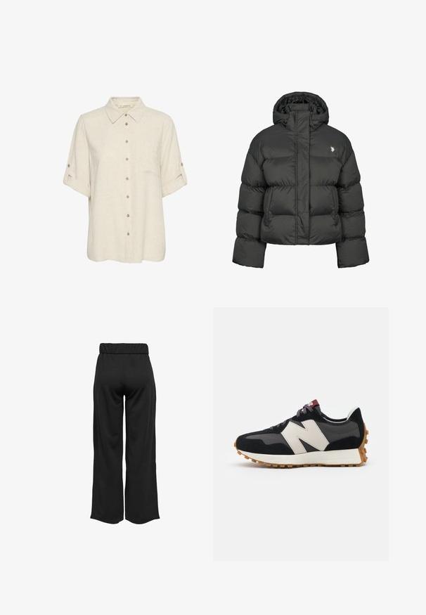 Crni puffer kaput s krojenjem do struka, s visokim ovratnikom i rebrastim manžetama. Uključuje mali logo na lijevoj strani. Glatka tekstura.; Bežena lanena košulja kratkih rukava s dugmadi sprijeda, s drugim džepom i zakovanim rukavima. Glatka tekstura.; Crne hlače širokih nogavica s elastičnom waistbandom, izrađene od glatkog materijala. Imaju jednostavan dizajn bez džepova ili vidljivih šavova.; Crne i sive suede tenisice s velikim kremastim logom "N", ljubičastim pertlama i teksturiranim gumiranim potplatom.