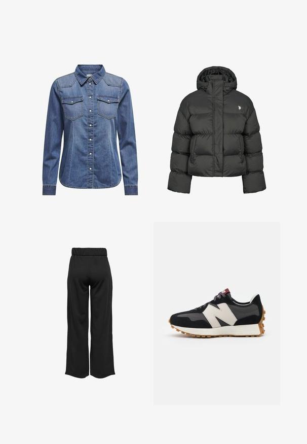 Svart puffjakke med en cropped design, med høy krage og ribbestrikkede mansjetter. Inkluderer en liten logo på venstre side. Sl smooth tekstur.; Denimskjorte i mørkeblå, med krage, lange ermer, doble brystlommer og kontraststing detaljer.; Svarte, vide bukser med elastisk midje, laget av glatt stoff. Har et rent design uten lommer eller synlige sømmer.; Sorte og grå sued sneakers med et stort cremefarvet "N" logo, lilla snørebånd og en tekstureret gummisål.