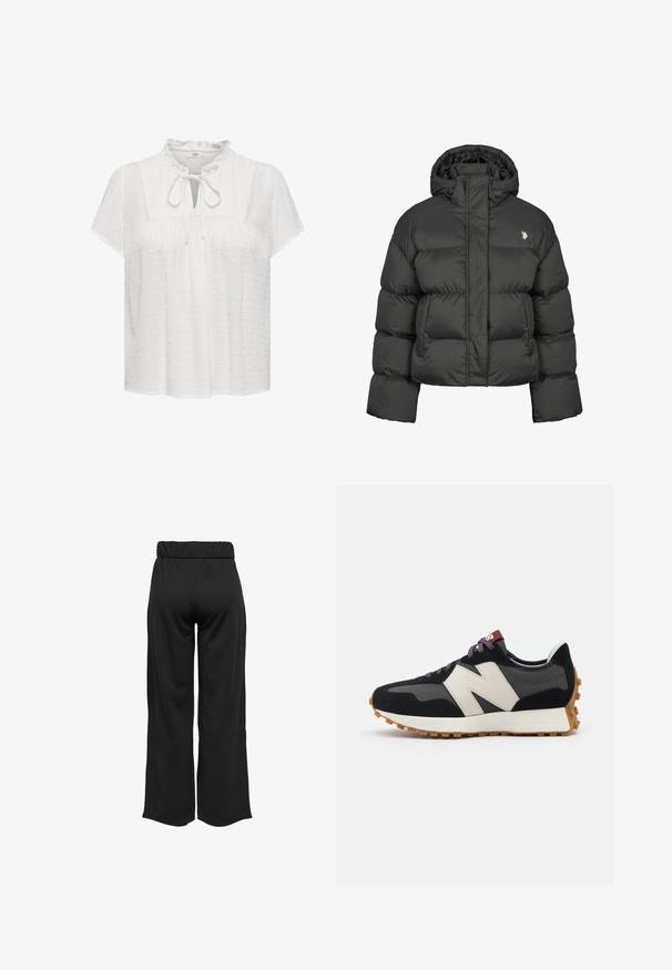 Must mustaga oli, millel on lühike disain, kõrge krae ja ribatud mansetid. Vasakul küljel on väike logo. Sile tekstuur.; Valge pluus lühikeste varrukatega, volangiga kaelus, võtmeaugu esiosa lipsuga detailiga, tekstureeritud kangas, millel on kõrgel asuvad täpid.; Mustad, laiad püksid elastse vöökohtaga, valmistatud siledast kangast. Omab lihtsat disaini, ilma taskute või nähtavate õmbluste detailideta.; Mustmust ja halli nubukist tennisajal on suur kreemjas "N" logo, lilla paelad ja tekstureeritud kummist välispohja.