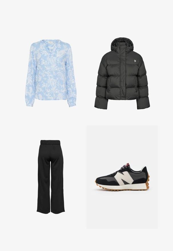 Must mustaga oli, millel on lühike disain, kõrge krae ja ribatud mansetid. Vasakul küljel on väike logo. Sile tekstuur.; Heled sinine pluus pikkade varrukatega, V-kaelusega ja valgest lillepaisley mustrist; sile materjal koos kogutud mansettidega.; Mustad, laiad püksid elastse vöökohtaga, valmistatud siledast kangast. Omab lihtsat disaini, ilma taskute või nähtavate õmbluste detailideta.; Mustmust ja halli nubukist tennisajal on suur kreemjas "N" logo, lilla paelad ja tekstureeritud kummist välispohja.