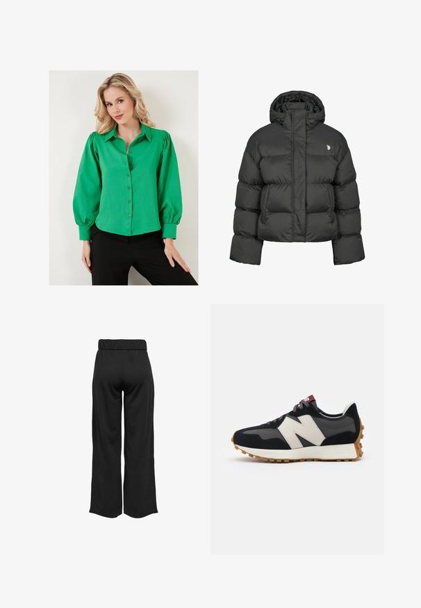 Juodas pūkinis švarkas su trumpu dizainu, turintis aukštą apykaklę ir sutrauktus rankogalvius. Kairėje pusėje esantis mažas logotipas. Lygus paviršius.; Žalias marškinėlis su pūstomis rankovėmis, pagamintas iš lygios medžiagos. Turi apykaklę ir prisiūtas mygtukus priekyje. Dėvima su juodomis kelnių apačiomis.; Juodos, plačios kelnės su elastinga juosta, pagamintos iš lygaus audinio. Pasižymi švariu dizainu, be kišenių ar matomų siūlių detalių.; Juoda ir pilka zomšinė sportinė avalynė su dideliu kreminiu "N" logotipu, violetinėmis raištelėmis ir tekstūruota gumos padu.