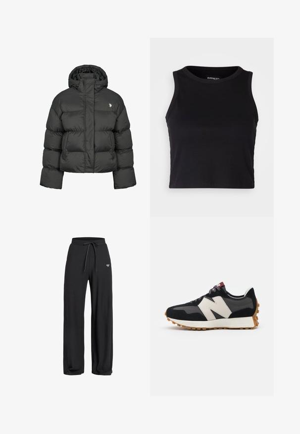 Schwarze Pufferjacke mit cropped Design, hochgeschlossenem Kragen und gerippten Bündchen. Mit kleinem Logo auf der linken Seite. Glatte Textur.; Schwarzes, geripptes Cropped Tanktop mit rundem Ausschnitt und ärmellosem Design. Hergestellt aus weichem, dehnbarem Material, mit sauberen, gekettelten Kanten.; Schwarze, gerippte, weite Hosen mit einem elastischen Bund und einem Kordelzug, versehen mit einem kleinen Logo-Detail auf der Vorderseite. Glatte Textur.; Schwarze und graue Wildledersneaker mit einem großen cremefarbenen "N"-Logo, lila Schnürsenkeln und einer strukturierten Gummisohle.