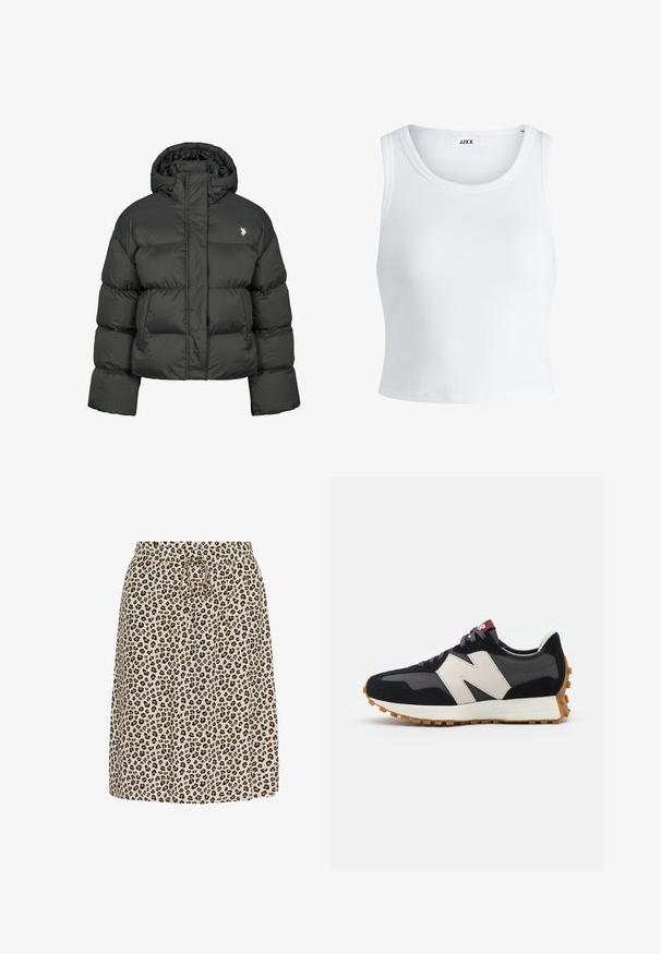 Crni puffer kaput s krojenjem do struka, s visokim ovratnikom i rebrastim manžetama. Uključuje mali logo na lijevoj strani. Glatka tekstura.; Bijela rebrasta majica bez rukava s okruglim izrezom i skraćenom dužinom. Na etiketi piše "JJXX." Glatka tekstura tkanine.; Suknja s printom leoparda u bež boji, s elastičnim pojasom i vezicom. Izrađena od lagane tkanine s mekanom teksturom.; Crne i sive suede tenisice s velikim kremastim logom "N", ljubičastim pertlama i teksturiranim gumiranim potplatom.
