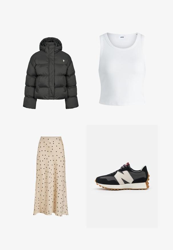 Jachetă puffere neagră cu un design cropped, având un guler înalt și manșete cu nervuri. Include un mic logo pe partea stângă. Textură netedă.; Top alb cu detalii texturate, cu guler rotund, fără mâneci și lungime scurtă. Eticheta spune "JJXX." Textură de țesătură netedă.; Fustă midi bej, confecționată dintr-un material neted, cu un model cu buline negre pe întreaga suprafață, având o siluetă ușor evazată și un detaliu cu fante.; Adidași din suede negru și gri cu un mare logo "N" de culoare crem, sireturi purpurii și o talpă din cauciuc texturat de culoare gumă.