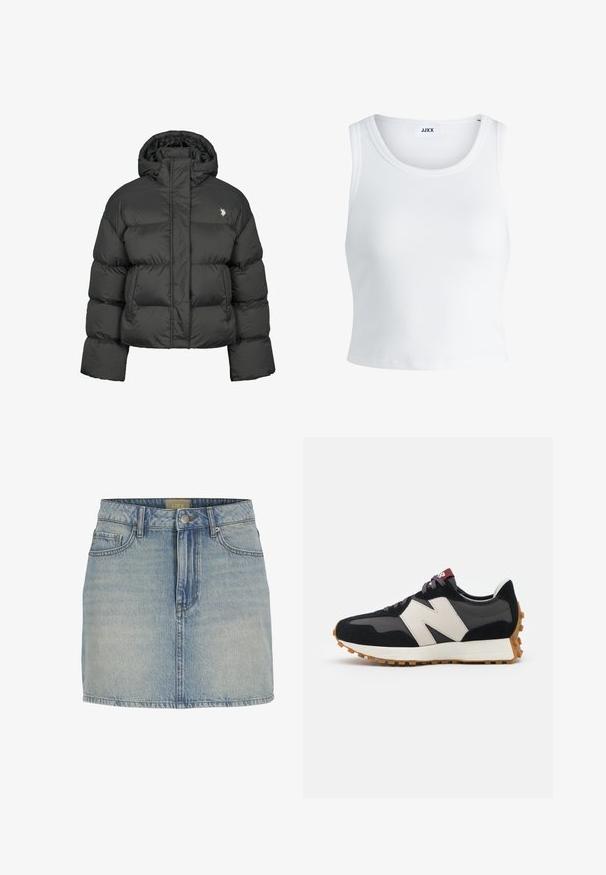 Melnā pūkainā jaka ar īsu dizainu, ar augstu apkakli un ribotām piedurknēm. Iekļauts mazs logo kreisajā pusē. Gluda tekstūra.; Balts ribots topiņš ar apaļu kakla izgriezumu, bez piedurknēm un īsā garumā. Uz birkas ir rakstīts "JJXX." Gluda auduma tekstūra.; Gai zilas džinsa mini svārki ar pieguļošu jostasvietu, priekšējo pogu aizdari, piecām kabatām un vieglu izbalēšanu pa audumu.; Melnas un pelēkas zamšādas sporta kurpes ar lielu krēmkrāsas "N" logotipu, purpura šņorēm un strukturētu gumijas zoli.