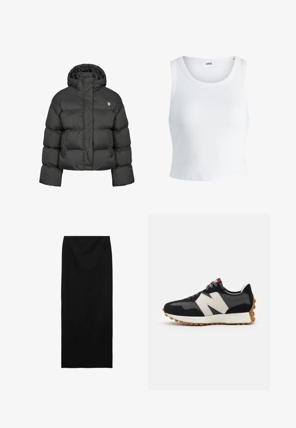 Zwarte pufferjack met een cropped ontwerp, voorzien van een hoge kraag en ribgebreide manchetten. Inclusief een klein logo aan de linkerkant. Gladde textuur.; Witte geribbelde tanktop met een ronde hals, zonder mouwen en een cropped lengte. Label draagt "JJXX." Gladde stoftextuur.; Zwarte midi-rok van gladde stof, met een aansluitende silhoutte en hoge taille. Eenvoudig ontwerp zonder zichtbare patronen of versieringen.; Zwarte en grijze suède sneaker met een groot crèmekleurig "N"-logo, paarse veters en een gestructureerde rubberen zool van gum.