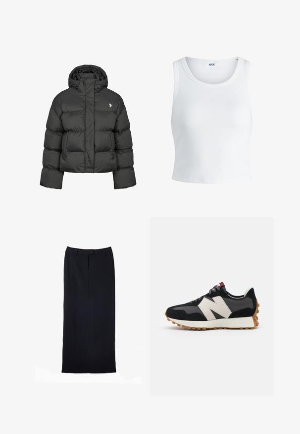 Schwarze Pufferjacke mit cropped Design, hochgeschlossenem Kragen und gerippten Bündchen. Mit kleinem Logo auf der linken Seite. Glatte Textur.; Weißes, geripptes Tanktop mit rundem Halsausschnitt, ärmellosem Design und kurzer Länge. Das Etikett trägt die Aufschrift "JJXX". Glatte Stoffstruktur.; Schwarzer, gerader, langer Rock aus glattem Stoff, mit einem Bund, zwei seitlichen Taschen und einer sauberen Verarbeitung ohne sichtbare Muster.; Schwarze und graue Wildledersneaker mit einem großen cremefarbenen "N"-Logo, lila Schnürsenkeln und einer strukturierten Gummisohle.