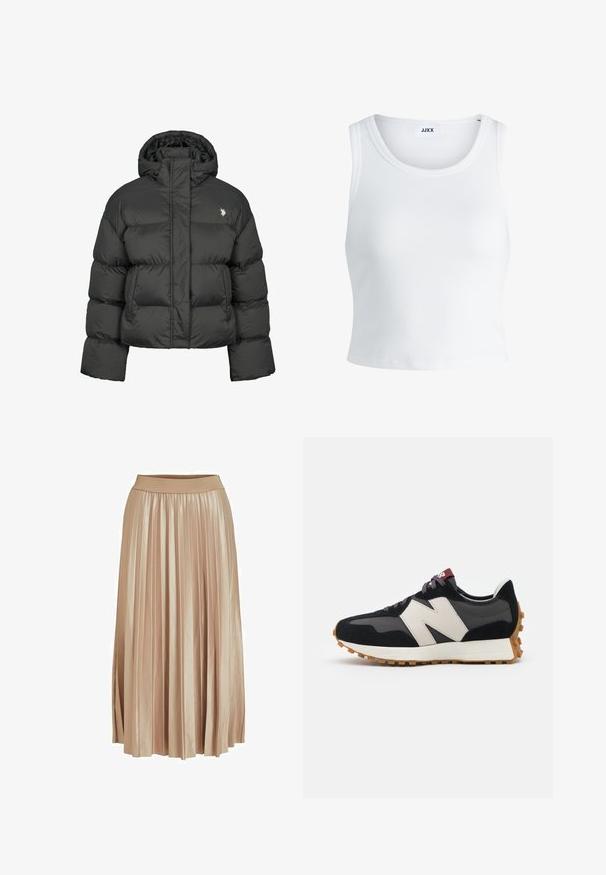 Zwarte pufferjack met een cropped ontwerp, voorzien van een hoge kraag en ribgebreide manchetten. Inclusief een klein logo aan de linkerkant. Gladde textuur.; Witte geribbelde tanktop met een ronde hals, zonder mouwen en een cropped lengte. Label draagt "JJXX." Gladde stoftextuur.; Plisse midi rok van lichtbeige satijnen stof. Voorzien van een brede, elastische tailleband en elegante verticale plooien over de gehele lengte.; Zwarte en grijze suède sneaker met een groot crèmekleurig "N"-logo, paarse veters en een gestructureerde rubberen zool van gum.
