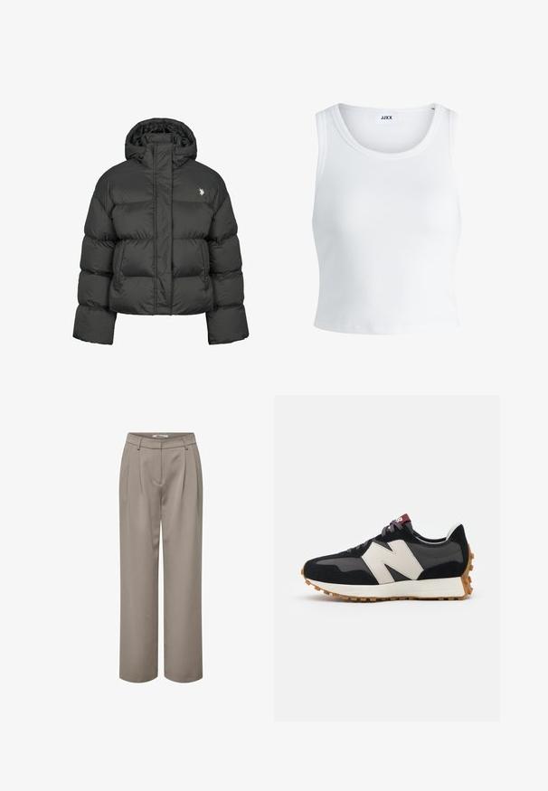 Juodas pūkinis švarkas su trumpu dizainu, turintis aukštą apykaklę ir sutrauktus rankogalvius. Kairėje pusėje esantis mažas logotipas. Lygus paviršius.; Balta raukšlėta tank top marškinėliai su apvaliu iškirpimu, be rankovių dizainu ir trumpa ilgio. Etiketėje parašyta "JJXX." Lygus audinio paviršius.; Šviesiai rudos pločio kojų kelnės, su klostėmis, lygiu paviršiumi ir švariu juosmens dizainu. Paprastos ir universališkos įvairiems drabužių deriniams.; Juoda ir pilka zomšinė sportinė avalynė su dideliu kreminiu "N" logotipu, violetinėmis raištelėmis ir tekstūruota gumos padu.