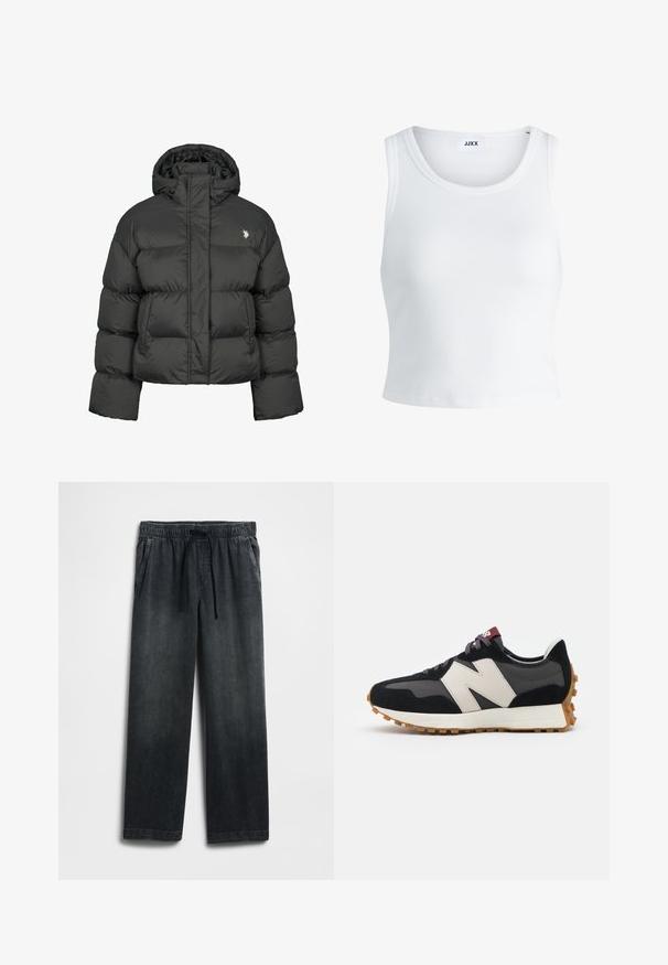 Musta toppatakki, jonka leikkaus on lyhyt ja siinä on korkea kaulus sekä ribbaus hihansuissa. Vasemmalla puolella pieni logo. Sileä pinta.; Valkoinen ribbattu hihaton toppi, jossa on pyöreä pääntie ja lyhyt malli. Tunnuslukuna lukee "JJXX". Sujuva kangas.; Musta denimhousut, joissa on joustava vyötärönauha ja kiristysnaru, leveälahkeinen malli ja hienovarainen haalistus. Mukana kaksi sivutaskua.; Mustat ja harmaat mokkakenkä, jossa on suuri kermanvärinen "N"-logo, violetit nauhat ja teksturoitu kumipohja.