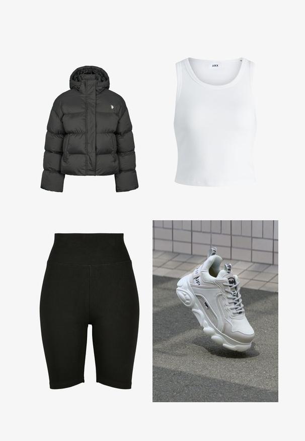 Čierna prešívaná bunda so skráteným strihom, vybavená vysokým golierom a rebrovanými manžetami. Obsahuje malé logo na ľavej strane. Hladká textura.; Biely rebrovaný tielko s okrúhlym výstrihom, bez rukávov a krátkou dĺžkou. Štítok znie "JJXX." Hladká textúra látky.; Čierne bicyklové šortky s vysokým pásom vyrobené z elastického materiálu, s hladkou textúrou a šitým lemom, navrhnuté pre pohodlie a voľnosť pohybu.; Biele tenisky s materiálmi z textilu a kože, okrúhla špička, hrubá podrážka, výrazné šnúrky a značka na päte a jazyku.