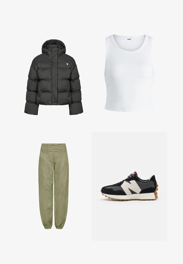 Crni puffer kaput s krojenjem do struka, s visokim ovratnikom i rebrastim manžetama. Uključuje mali logo na lijevoj strani. Glatka tekstura.; Bijela rebrasta majica bez rukava s okruglim izrezom i skraćenom dužinom. Na etiketi piše "JJXX." Glatka tekstura tkanine.; Svijetlo maslinasto zelene, široke hlače s elastičnim pojasom i elastičnim manžetama; izrađene su od mekanog, teksturiranog materijala.; Crne i sive suede tenisice s velikim kremastim logom "N", ljubičastim pertlama i teksturiranim gumiranim potplatom.