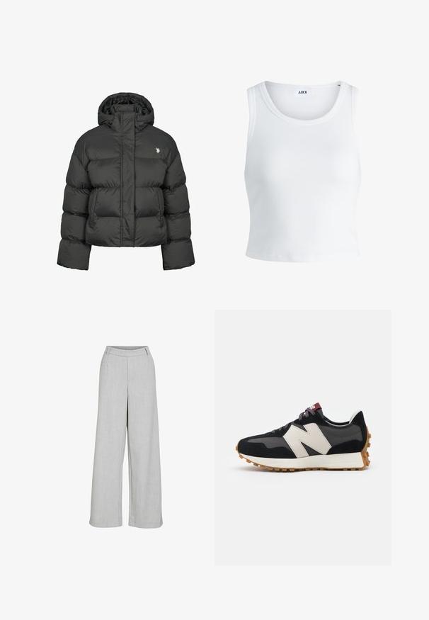 Melnā pūkainā jaka ar īsu dizainu, ar augstu apkakli un ribotām piedurknēm. Iekļauts mazs logo kreisajā pusē. Gluda tekstūra.; Balts ribots topiņš ar apaļu kakla izgriezumu, bez piedurknēm un īsā garumā. Uz birkas ir rakstīts "JJXX." Gluda auduma tekstūra.; Gai pelēki platas kājas bikses, izgatavotas no teksturēta auduma, ar izlīdzenu priekšpusi, jostas cilpām un tīru, stilīgu izskatu.; Melnas un pelēkas zamšādas sporta kurpes ar lielu krēmkrāsas "N" logotipu, purpura šņorēm un strukturētu gumijas zoli.