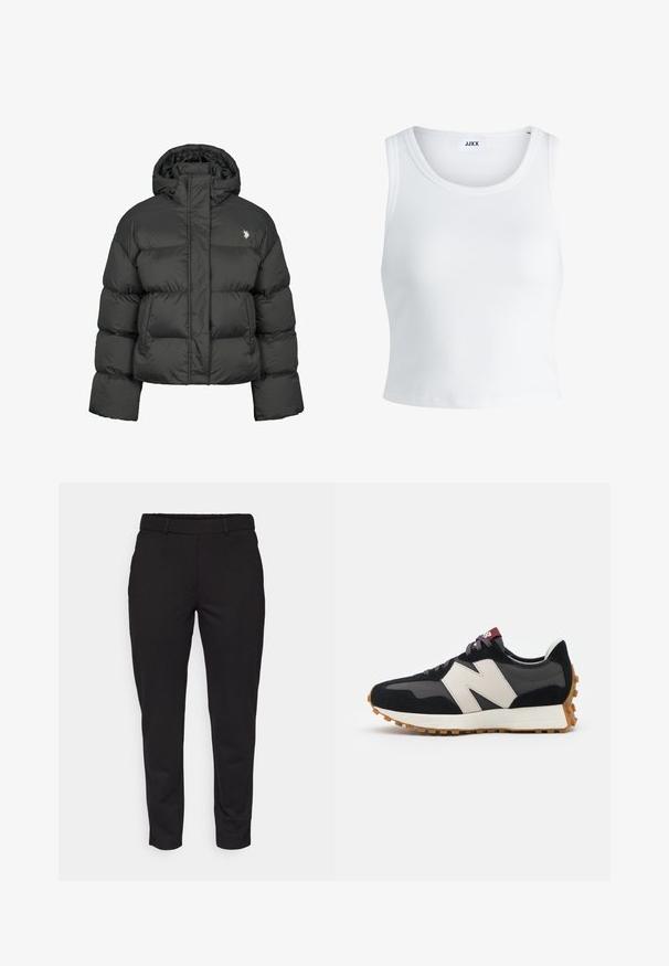 Juodas pūkinis švarkas su trumpu dizainu, turintis aukštą apykaklę ir sutrauktus rankogalvius. Kairėje pusėje esantis mažas logotipas. Lygus paviršius.; Balta raukšlėta tank top marškinėliai su apvaliu iškirpimu, be rankovių dizainu ir trumpa ilgio. Etiketėje parašyta "JJXX." Lygus audinio paviršius.; Juodos suglebęs kelnės, pagamintos iš lygaus audinio. Yra plokščias priekinis dizainas, elastinga juostos juosmens dalis ir nereikia matomų kišenių.; Juoda ir pilka zomšinė sportinė avalynė su dideliu kreminiu "N" logotipu, violetinėmis raištelėmis ir tekstūruota gumos padu.