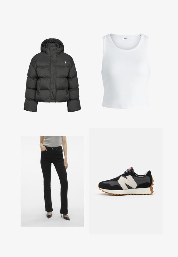 Czarna kurtka puchowa o kroju crops, z wysokim kołnierzem i ściągaczami. Zawiera małe logo po lewej stronie. Gładka tekstura.; Biały prążkowany top na ramiączkach z okrągłym dekoltem, bez rękawów i skróconej długości. Metka z napisem "JJXX." Gładka faktura materiału.; Czarne dżinsy flare o gładkiej fakturze, pięć kieszeni, z metalowym zapięciem, w połączeniu z czarnymi czółenkami na szpilce.; Czarno-szare zamszowe sneakersy z dużym kremowym logo "N", purpurowymi sznurówkami i teksturowaną gumową podeszwą.