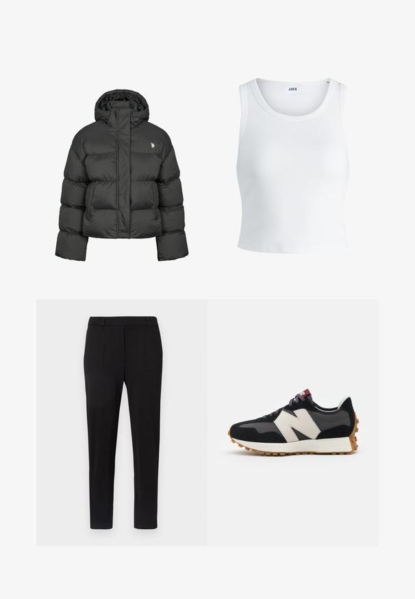 Fekete puffermellény cropped fazonban, magas gallérral és bordázott mandzsettákkal. Bal oldalon kis logó található. Sima textúra.; Fehér bordás ujjatlan top, kerek nyakkivágással és rövid hosszal. A címke szerint "JJXX". Sima szövettextúra.; Fekete nadrág sima anyagból, slim fit szabással. Oldalsó zsebekkel, lapos elülső résszel és szűkülő lábazattal rendelkezik. Nincsenek látható minták.; Fekete és szürke velúr sportcipő nagy krémszínű "N" logóval, lila fűzőkkel és texturált gumi talppal.