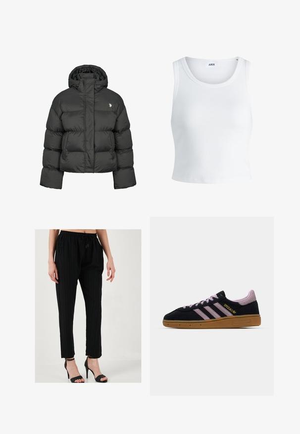 Zwarte pufferjack met een cropped ontwerp, voorzien van een hoge kraag en ribgebreide manchetten. Inclusief een klein logo aan de linkerkant. Gladde textuur.; Witte geribbelde tanktop met een ronde hals, zonder mouwen en een cropped lengte. Label draagt "JJXX." Gladde stoftextuur.; LELA SLIM FIT - Broek - black; Zwarte en roze suede sneaker met rubberen zool, drie roze strepen, gouden "SPEZIAL" branding en een gestructureerde gumzool. Lage ontwerp.