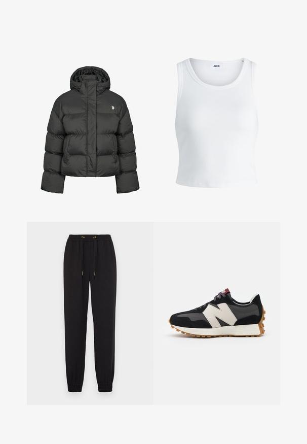 Črna puhafka s skrajšanim dizajnom, ki ima visok ovratnik in rebraste manšete. Vsebuje majhen logo na levi strani. Gladka tekstura.; Bela rebrasta majica brez rokavov z okroglim izrezom in krajšo dolžino. Oznaka navaja "JJXX." Gladka tekstura tkanine.; Črne jogger hlače iz mehkega materiala, z vrvico v pasu, elastičnimi zapenjali in gladko teksturo brez vidnih vzorcev.; Črne in sive semiš športne copate z velikim kremnim logotipom "N", vijoličastimi vezalkami in teksturiranim gumijastim podplatom.