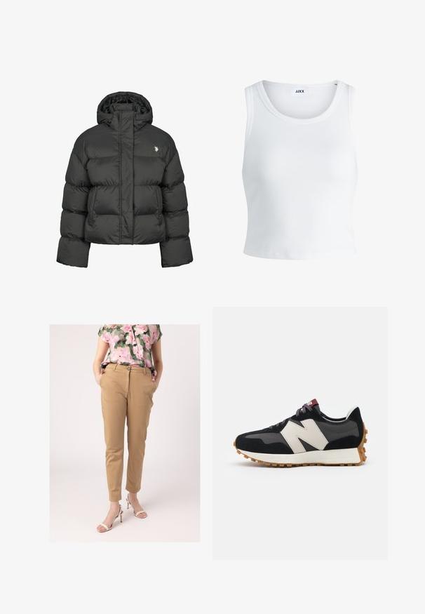 Čierna prešívaná bunda so skráteným strihom, vybavená vysokým golierom a rebrovanými manžetami. Obsahuje malé logo na ľavej strane. Hladká textura.; Biely rebrovaný tielko s okrúhlym výstrihom, bez rukávov a krátkou dĺžkou. Štítok znie "JJXX." Hladká textúra látky.; Khaki nohavice s úzkym strihom, so zapínaním na gombík a bočnými vreckami, doplnené o kvetinovú blúzku a biele sandále na podpätku.; Čierne a sivé semišové tenisky s veľkým krémovým logom "N", fialovými šnúrkami a textúrovanou gumovou podrážkou.