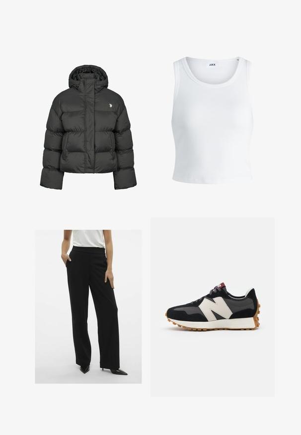 Svart puffjakke med en cropped design, med høy krage og ribbestrikkede mansjetter. Inkluderer en liten logo på venstre side. Sl smooth tekstur.; Hvit ribbestrikket tank topp med rund hals, uten ermer og croppe lengde. Merket leser "JJXX." Glatt stoff tekstur.; Svarte breie bukser med glatt tekstur, høy livlinje og frontlommer. Komplimentert med spisse svarte hæler.; Sorte og grå sued sneakers med et stort cremefarvet "N" logo, lilla snørebånd og en tekstureret gummisål.