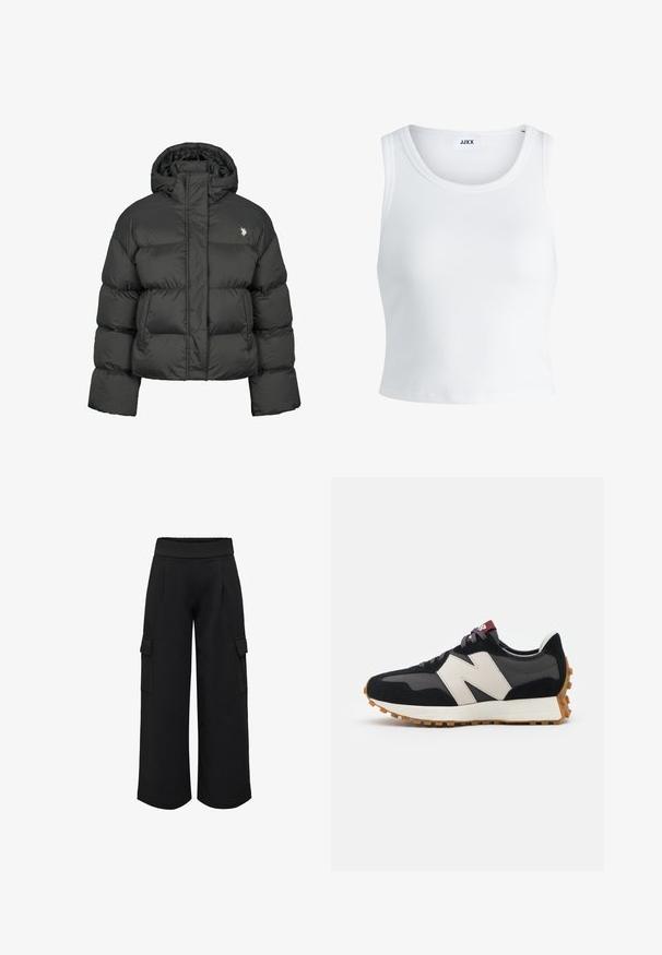 Must mustaga oli, millel on lühike disain, kõrge krae ja ribatud mansetid. Vasakul küljel on väike logo. Sile tekstuur.; Valge ribakujuline tank top, millel on ümmargune kaelus, varrukateta disain ja lühike pikkus. Silt ütleb "JJXX." Sile kangast tekstuur.; Mustad laiad cargo püksid kõrge vöökohtaga, millel on kaks küljetaskut ja sile, veniv kangastekstuuri.; Mustmust ja halli nubukist tennisajal on suur kreemjas "N" logo, lilla paelad ja tekstureeritud kummist välispohja.