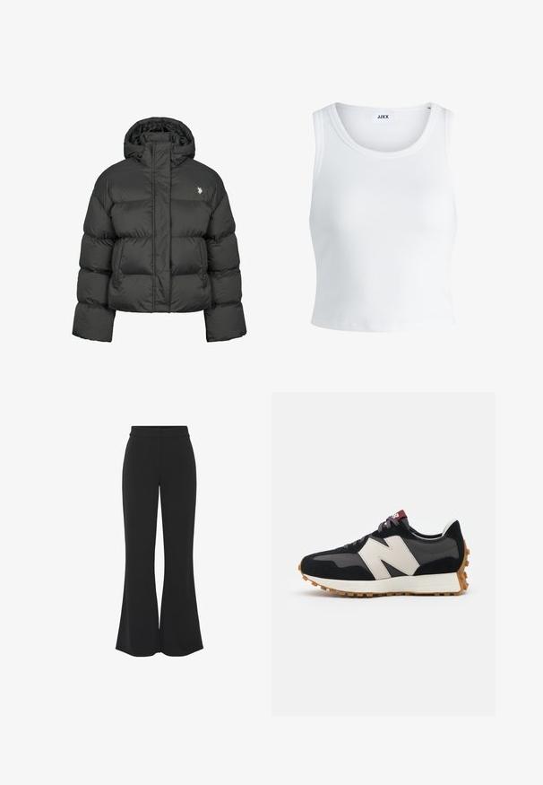 Črna puhafka s skrajšanim dizajnom, ki ima visok ovratnik in rebraste manšete. Vsebuje majhen logo na levi strani. Gladka tekstura.; Bela rebrasta majica brez rokavov z okroglim izrezom in krajšo dolžino. Oznaka navaja "JJXX." Gladka tekstura tkanine.; Črne široke hlače iz gladkega materiala z oprijetim pasom, stranskimi žepi in čistim sprednjim pregibom za urejen videz.; Črne in sive semiš športne copate z velikim kremnim logotipom "N", vijoličastimi vezalkami in teksturiranim gumijastim podplatom.