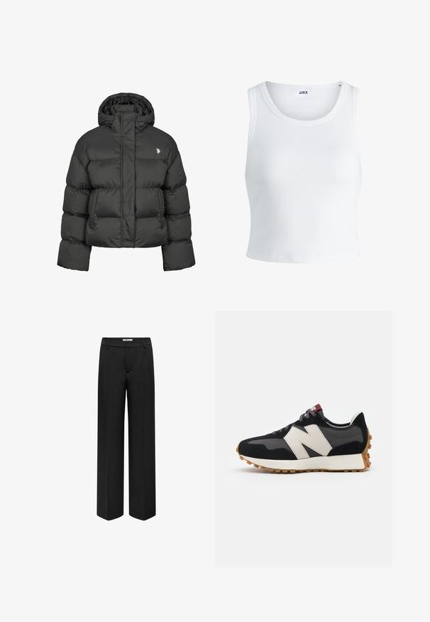 Czarna kurtka puchowa o kroju crops, z wysokim kołnierzem i ściągaczami. Zawiera małe logo po lewej stronie. Gładka tekstura.; Biały prążkowany top na ramiączkach z okrągłym dekoltem, bez rękawów i skróconej długości. Metka z napisem "JJXX." Gładka faktura materiału.; ONLY - Spodnie materiałowe; Czarno-szare zamszowe sneakersy z dużym kremowym logo "N", purpurowymi sznurówkami i teksturowaną gumową podeszwą.