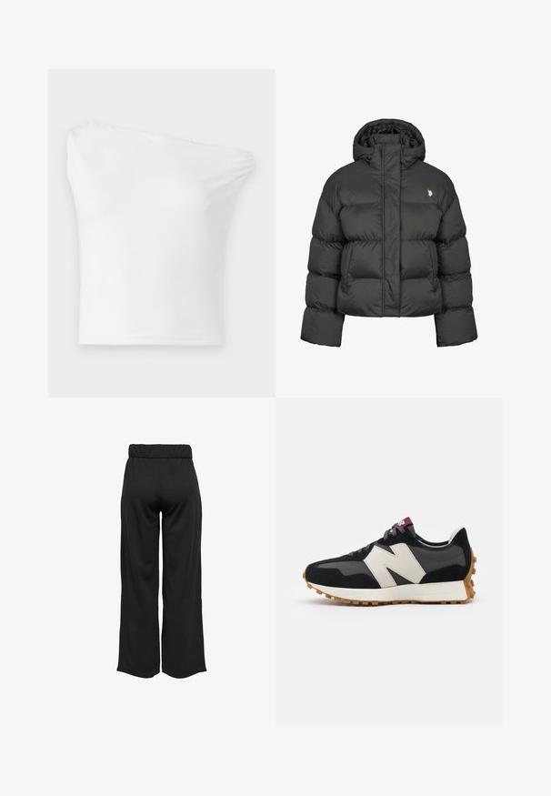 Juodas pūkinis švarkas su trumpu dizainu, turintis aukštą apykaklę ir sutrauktus rankogalvius. Kairėje pusėje esantis mažas logotipas. Lygus paviršius.; Balta, vienos peties palaidinė, pagaminta iš lygaus audinio. Savinasi prigludusi konstrukcija su asimetriniu iškirpimu ir paprasta apdaila.; Juodos, plačios kelnės su elastinga juosta, pagamintos iš lygaus audinio. Pasižymi švariu dizainu, be kišenių ar matomų siūlių detalių.; Juoda ir pilka zomšinė sportinė avalynė su dideliu kreminiu "N" logotipu, violetinėmis raištelėmis ir tekstūruota gumos padu.