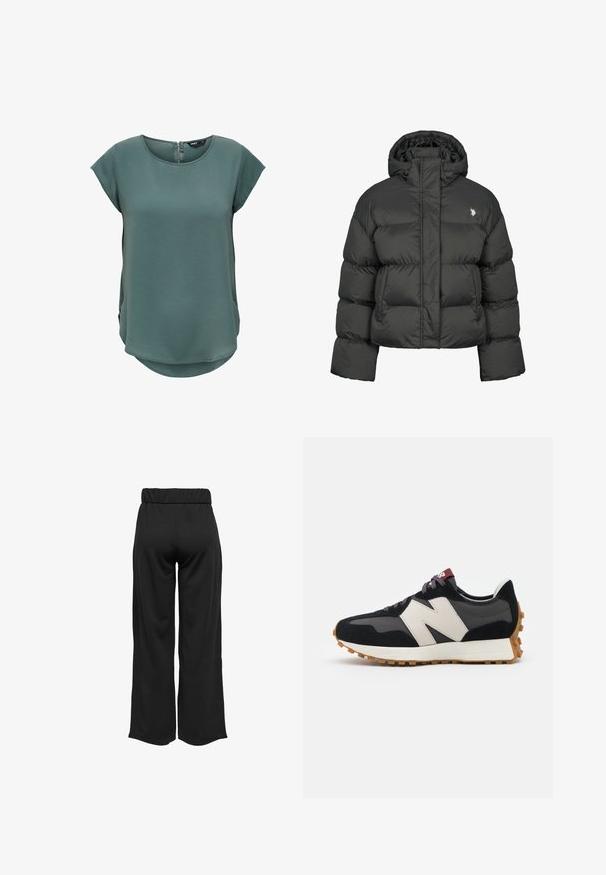 Sort puffersjakke med en cropped design, der har en høj krave og ribbede manchetter. Inkluderer et lille logo på venstre side. Glat tekstur.; Grøn kortærmet bluse lavet af struktureret stof. Har en rund halsudskæring og en diskret lynlås i ryggen, samt en let buet sømdetalje.; Sorte, vide bukser med elastisk talje, lavet af glat stof. Har et enkelt design uden lommer eller synlige sømdetaljer.; Sort og grå ruskinds sneakers med et stort cremefarvet "N" logo, lilla snørebånd og en struktureret gummisål.