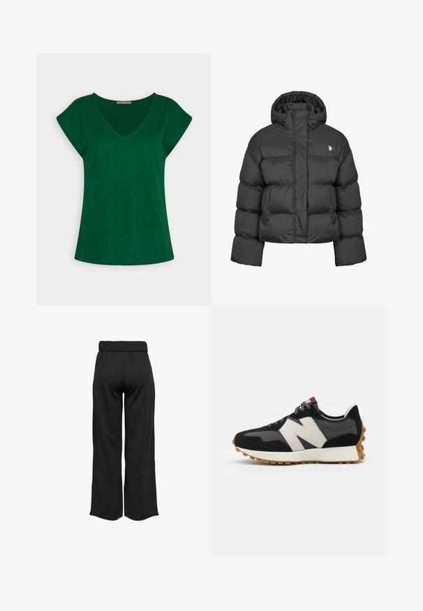 Melnā pūkainā jaka ar īsu dizainu, ar augstu apkakli un ribotām piedurknēm. Iekļauts mazs logo kreisajā pusē. Gluda tekstūra.; Zaļa īsām piedurknēm t-kreklu ar V veida dekoltē, izgatavots no mīkstas kokvilnas auduma, ar tīrām līnijām un brīvu piegriezumu.; Melnas, platas bikses ar elastīgu jostu, izgatavotas no gludas auduma. Iespējamā tīra dizaina ar bez kabatām un redzamām šuvēm.; Melnas un pelēkas zamšādas sporta kurpes ar lielu krēmkrāsas "N" logotipu, purpura šņorēm un strukturētu gumijas zoli.