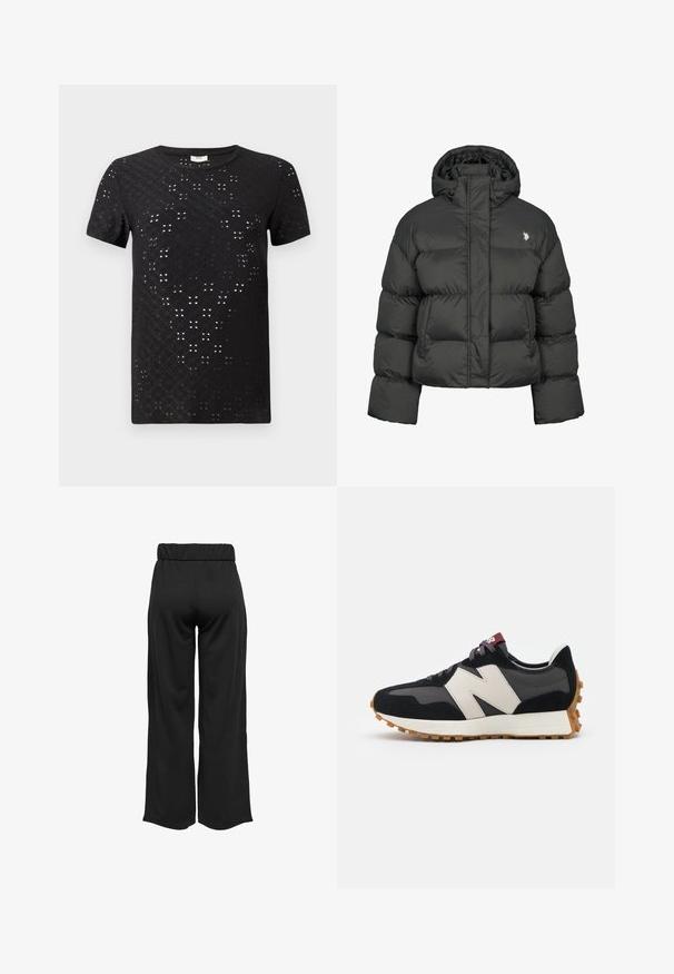 Juodas pūkinis švarkas su trumpu dizainu, turintis aukštą apykaklę ir sutrauktus rankogalvius. Kairėje pusėje esantis mažas logotipas. Lygus paviršius.; Juodas trumpas rankovėmis marškinėliai su tekstūriniu pjūvių raštu ir apvaliu kaklu. Pagamintas iš lengvo audinio, su laisvu siluetu.; Juodos, plačios kelnės su elastinga juosta, pagamintos iš lygaus audinio. Pasižymi švariu dizainu, be kišenių ar matomų siūlių detalių.; Juoda ir pilka zomšinė sportinė avalynė su dideliu kreminiu "N" logotipu, violetinėmis raištelėmis ir tekstūruota gumos padu.