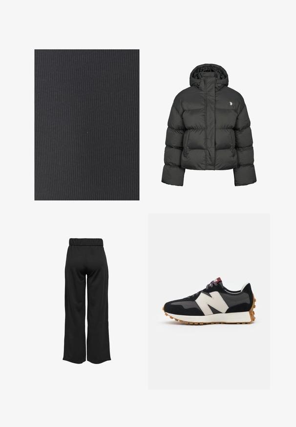 Sort puffersjakke med en cropped design, der har en høj krave og ribbede manchetter. Inkluderer et lille logo på venstre side. Glat tekstur.; Struktureret sort stof med lodret ribbing. Materialet ser strækbart og glat ud, hvilket gør det velegnet til tætsiddende tøj eller polstring.; Sorte, vide bukser med elastisk talje, lavet af glat stof. Har et enkelt design uden lommer eller synlige sømdetaljer.; Sort og grå ruskinds sneakers med et stort cremefarvet "N" logo, lilla snørebånd og en struktureret gummisål.