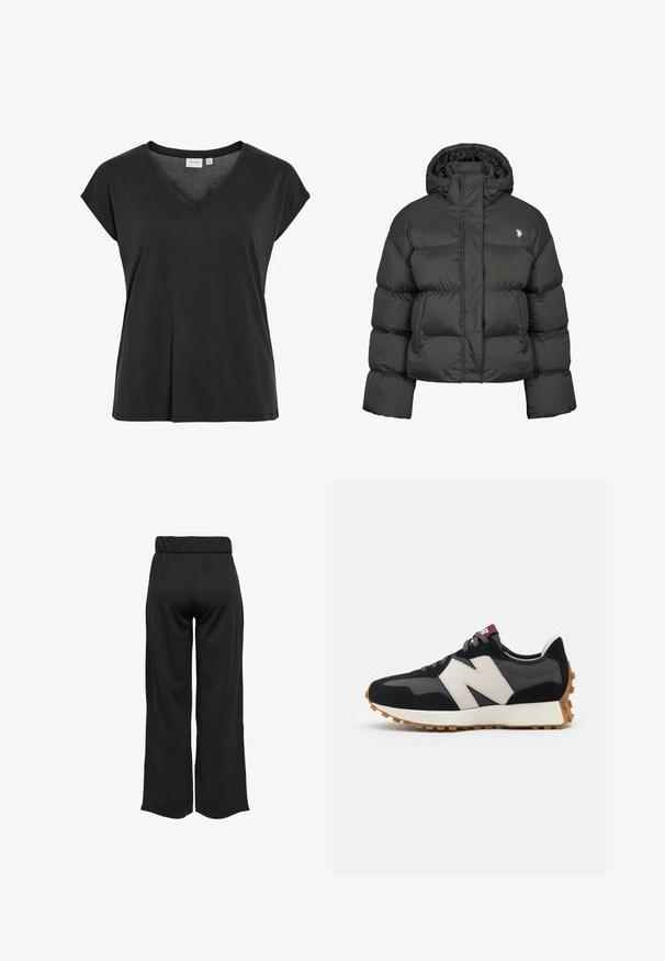 Jachetă puffere neagră cu un design cropped, având un guler înalt și manșete cu nervuri. Include un mic logo pe partea stângă. Textură netedă.; Tricou negru cu decolteu în V și mâneci scurte, realizat din material moale, cu croială lejeră și detaliu de cusături minimaliste.; Pantaloni negri, cu croi larg și talie elastică, realizați dintr-un material neted. Au un design simplu, fără buzunare sau detalii de cusătură vizibile.; Adidași din suede negru și gri cu un mare logo "N" de culoare crem, sireturi purpurii și o talpă din cauciuc texturat de culoare gumă.