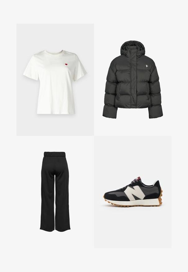 Fekete puffermellény cropped fazonban, magas gallérral és bordázott mandzsettákkal. Bal oldalon kis logó található. Sima textúra.; Fehér pamut póló, rövid ujjakkal és kerek nyakkivágással, bal oldalon egy kis piros szív hímzett mintával.; Fekete, bővülő szárú nadrág, elasztikus derékkal, sima anyagból készült. Tiszta dizájn jellemzi, zsebek és látható varrási részletek nélkül.; Fekete és szürke velúr sportcipő nagy krémszínű "N" logóval, lila fűzőkkel és texturált gumi talppal.