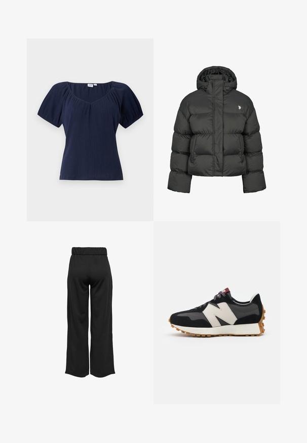 Schwarze Pufferjacke mit cropped Design, hochgeschlossenem Kragen und gerippten Bündchen. Mit kleinem Logo auf der linken Seite. Glatte Textur.; Marineblaues kurzärmliges Oberteil mit einem runden Ausschnitt, gerippter Textur und gerafften Schulternähten für zusätzlichen Schnitt und Volumen.; Schwarze, weit geschnittene Hose mit elastischem Bund, aus glattem Stoff gefertigt. Hat ein cleanes Design ohne Taschen oder sichtbare Nähte.; Schwarze und graue Wildledersneaker mit einem großen cremefarbenen "N"-Logo, lila Schnürsenkeln und einer strukturierten Gummisohle.