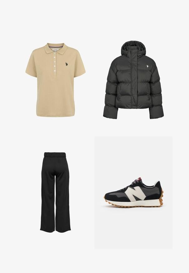 Juodas pūkinis švarkas su trumpu dizainu, turintis aukštą apykaklę ir sutrauktus rankogalvius. Kairėje pusėje esantis mažas logotipas. Lygus paviršius.; Šviesiai rusvos spalvos trumpomis rankovėmis polo marškiniai su penkių mygtukų užsegimu ir juodu siuvinėtu logotipu kairėje krūtinės pusėje. Minkšta medžiagos tekstūra.; Juodos, plačios kelnės su elastinga juosta, pagamintos iš lygaus audinio. Pasižymi švariu dizainu, be kišenių ar matomų siūlių detalių.; Juoda ir pilka zomšinė sportinė avalynė su dideliu kreminiu "N" logotipu, violetinėmis raištelėmis ir tekstūruota gumos padu.