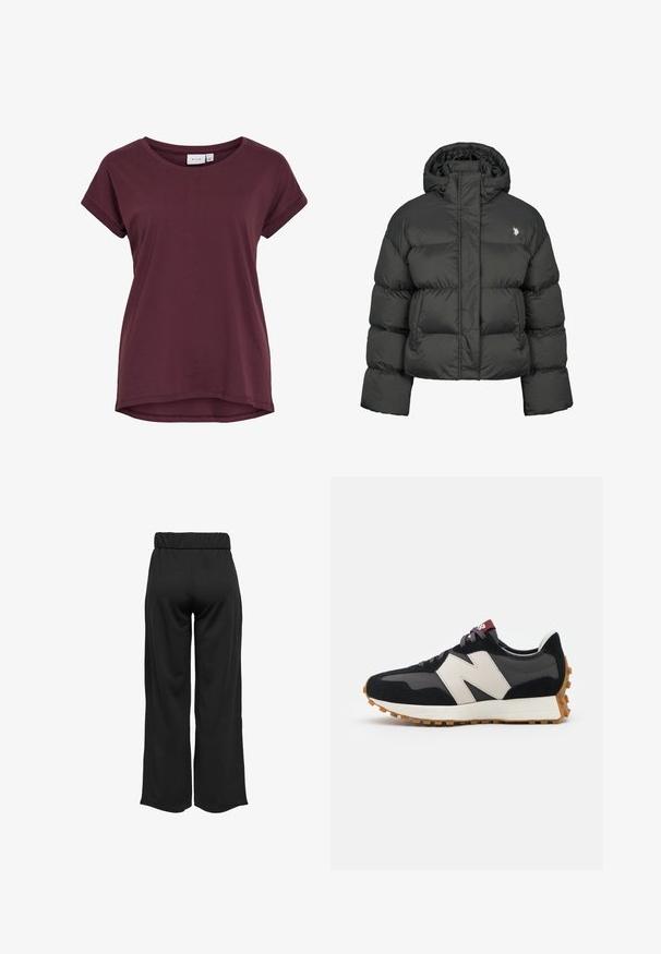 Melnā pūkainā jaka ar īsu dizainu, ar augstu apkakli un ribotām piedurknēm. Iekļauts mazs logo kreisajā pusē. Gluda tekstūra.; Burgundijas īsām piedurknēm T-krekls ar apaļu dekoltē, nedaudz garāku aizmuguri un rullētām piedurknēm, izgatavots no mīksta auduma.; Melnas, platas bikses ar elastīgu jostu, izgatavotas no gludas auduma. Iespējamā tīra dizaina ar bez kabatām un redzamām šuvēm.; Melnas un pelēkas zamšādas sporta kurpes ar lielu krēmkrāsas "N" logotipu, purpura šņorēm un strukturētu gumijas zoli.