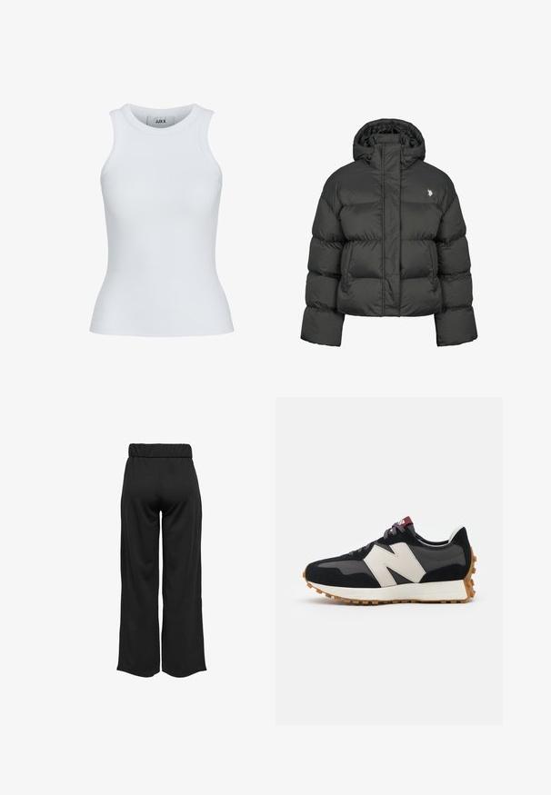 Must mustaga oli, millel on lühike disain, kõrge krae ja ribatud mansetid. Vasakul küljel on väike logo. Sile tekstuur.; Valge ribatekstuuriga top ringkaela ja ilma varrukateta disainiga. Omab kitsast lõiget ja pehmet tekstuuri, sobib ideaalselt kihiliseks kandmiseks.; Mustad, laiad püksid elastse vöökohtaga, valmistatud siledast kangast. Omab lihtsat disaini, ilma taskute või nähtavate õmbluste detailideta.; Mustmust ja halli nubukist tennisajal on suur kreemjas "N" logo, lilla paelad ja tekstureeritud kummist välispohja.