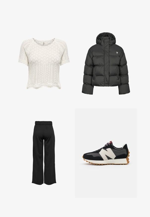 Črna puhafka s skrajšanim dizajnom, ki ima visok ovratnik in rebraste manšete. Vsebuje majhen logo na levi strani. Gladka tekstura.; Bela, kratka, kratkosloečna pulover z odprto pletenino, s pestrim robom in teksturiranim vzorcem. Okrogli izrez in sproščen kroj.; Črne hlače širokega kroja z elastičnim pasom, izdelane iz gladkega materiala. Imajo preprost dizajn brez žepov ali vidnih šivov.; Črne in sive semiš športne copate z velikim kremnim logotipom "N", vijoličastimi vezalkami in teksturiranim gumijastim podplatom.
