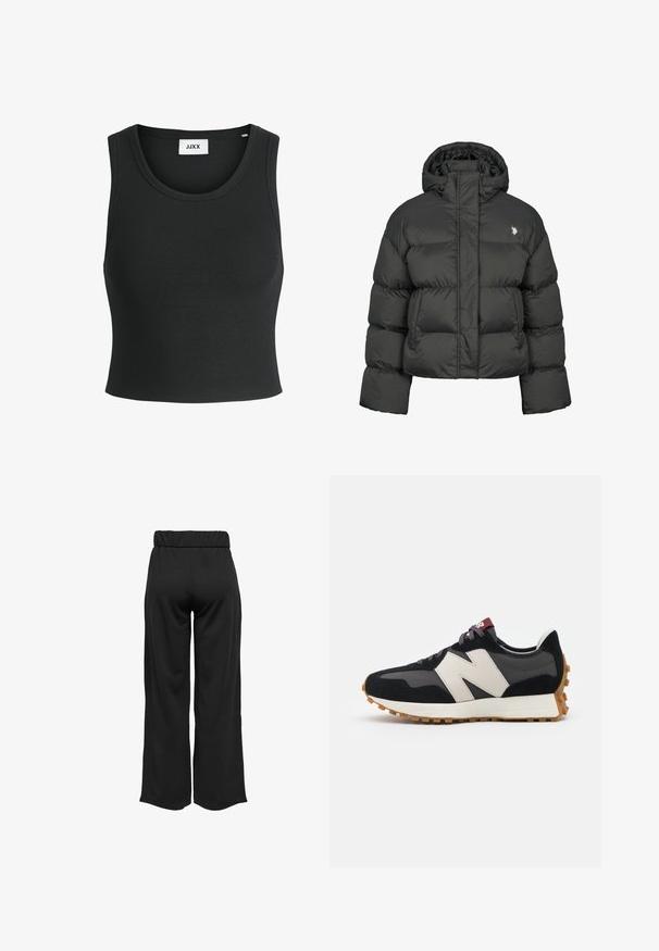 Svart puffjakke med en cropped design, med høy krage og ribbestrikkede mansjetter. Inkluderer en liten logo på venstre side. Sl smooth tekstur.; Svart ribbet tank topp med rund hals og ermeløs design; laget av et mykt, elastisk stoff for komfort og passform.; Svarte, vide bukser med elastisk midje, laget av glatt stoff. Har et rent design uten lommer eller synlige sømmer.; Sorte og grå sued sneakers med et stort cremefarvet "N" logo, lilla snørebånd og en tekstureret gummisål.
