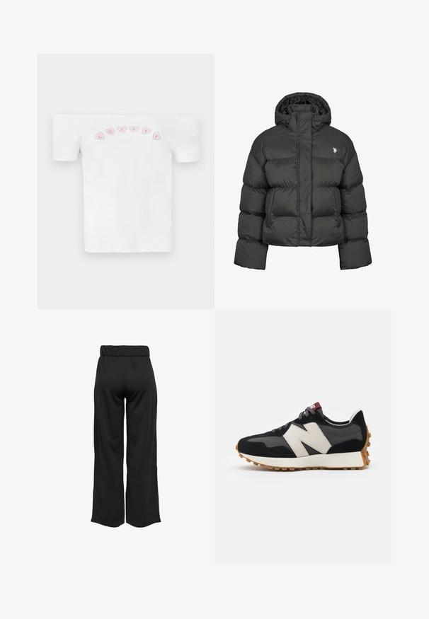 Must mustaga oli, millel on lühike disain, kõrge krae ja ribatud mansetid. Vasakul küljel on väike logo. Sile tekstuur.; Valge õlgadelt avatud t-särk, mis on valmistatud puuvillast, omades roosa südame mustrit, millel on rinnal lõbus font ja tekst "CUTIES".; Mustad, laiad püksid elastse vöökohtaga, valmistatud siledast kangast. Omab lihtsat disaini, ilma taskute või nähtavate õmbluste detailideta.; Mustmust ja halli nubukist tennisajal on suur kreemjas "N" logo, lilla paelad ja tekstureeritud kummist välispohja.