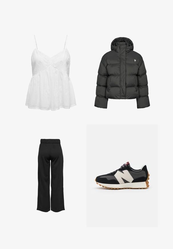 Black puffer jacket with a cropped design, featuring a high collar and ribbed cuffs. Includes a small logo on the left side. Smooth texture.; White cotton camisole with adjustable spaghetti straps, featuring a floral embroidery pattern across the bodice and a flared hemline.; Black, wide-leg pants with an elastic waistband, made from smooth fabric. Features a clean design with no pockets or visible stitching details.; Black and gray suede sneaker with a large cream-colored "N" logo, purple laces, and a textured gum rubber outsole.