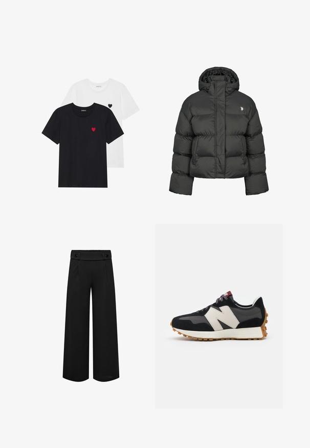 Musta toppatakki, jonka leikkaus on lyhyt ja siinä on korkea kaulus sekä ribbaus hihansuissa. Vasemmalla puolella pieni logo. Sileä pinta.; Even&Odd 2 PACK - Printtipaita - white/black; Mustat avara lahkeiset housut korkealla vyötäröllä, etupuolella laskokset ja kaksi nappia vyötärönauhas. Sileä kangas, jossa on siisti muotoilu.; Mustat ja harmaat mokkakenkä, jossa on suuri kermanvärinen "N"-logo, violetit nauhat ja teksturoitu kumipohja.