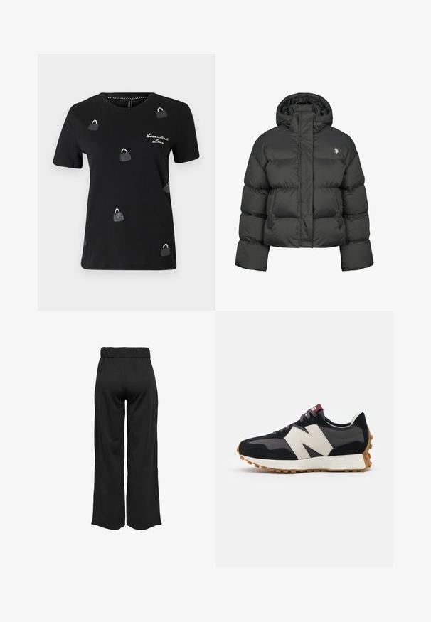 Juodas pūkinis švarkas su trumpu dizainu, turintis aukštą apykaklę ir sutrauktus rankogalvius. Kairėje pusėje esantis mažas logotipas. Lygus paviršius.; Juodas medvilninis marškinėliai su apvaliu kaklu, trumpomis rankovėmis ir išsibarsčiusiais blizgučiais dekoruotais rankinių dizainais.; Juodos, plačios kelnės su elastinga juosta, pagamintos iš lygaus audinio. Pasižymi švariu dizainu, be kišenių ar matomų siūlių detalių.; Juoda ir pilka zomšinė sportinė avalynė su dideliu kreminiu "N" logotipu, violetinėmis raištelėmis ir tekstūruota gumos padu.