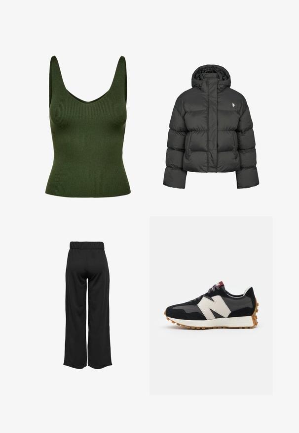 Melnā pūkainā jaka ar īsu dizainu, ar augstu apkakli un ribotām piedurknēm. Iekļauts mazs logo kreisajā pusē. Gluda tekstūra.; Ribota zaļa topiņš ar V-veida kaklu un platām siksnām. Izgatavots no teksturēta materiāla, tam ir pieguļoša silueta un bezšuvju konstrukcija.; Melnas, platas bikses ar elastīgu jostu, izgatavotas no gludas auduma. Iespējamā tīra dizaina ar bez kabatām un redzamām šuvēm.; Melnas un pelēkas zamšādas sporta kurpes ar lielu krēmkrāsas "N" logotipu, purpura šņorēm un strukturētu gumijas zoli.