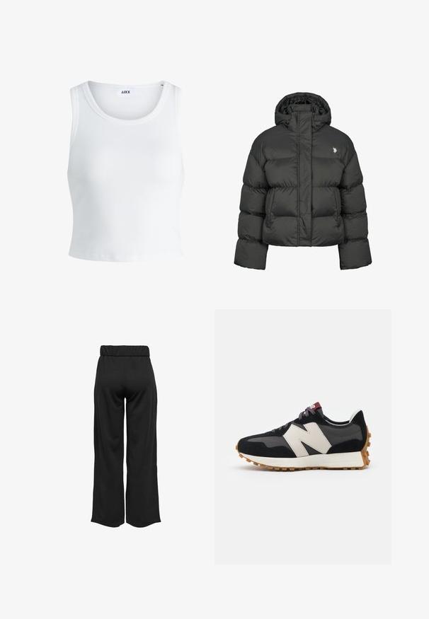 Čierna prešívaná bunda so skráteným strihom, vybavená vysokým golierom a rebrovanými manžetami. Obsahuje malé logo na ľavej strane. Hladká textura.; Biely rebrovaný tielko s okrúhlym výstrihom, bez rukávov a krátkou dĺžkou. Štítok znie "JJXX." Hladká textúra látky.; Čierne široké nohavice s elastickým pásom, vyrobené z hladkej tkaniny. Majú jednoduchý dizajn, bez vreciek alebo viditeľných švíkov.; Čierne a sivé semišové tenisky s veľkým krémovým logom "N", fialovými šnúrkami a textúrovanou gumovou podrážkou.